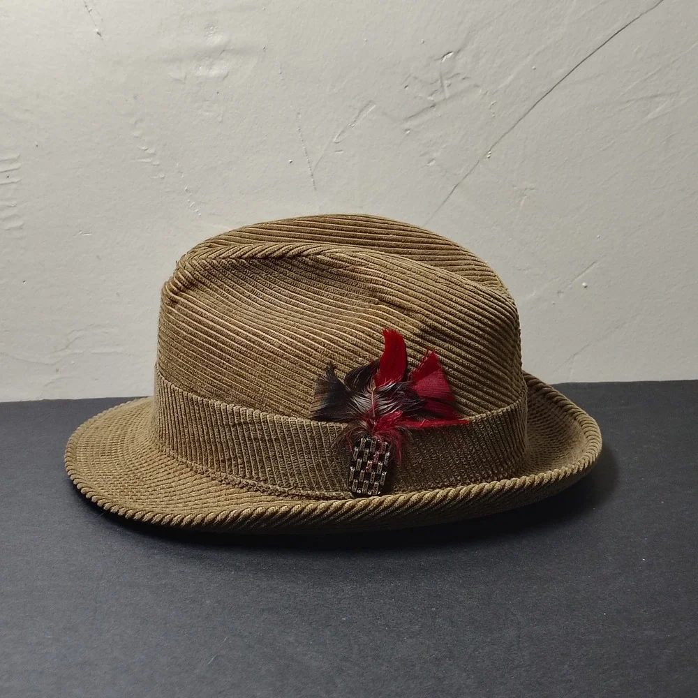 VINTAGE Fedora Hat Men 7 1/8 Gold Corduroy Paisley Lining Feather 1960s